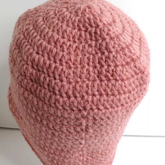 Pink Bucket Hat WOOL Roll Up Brim Beanie OS Cap Handmade Crochet Hand Knit NWT - Picture 2 of 11